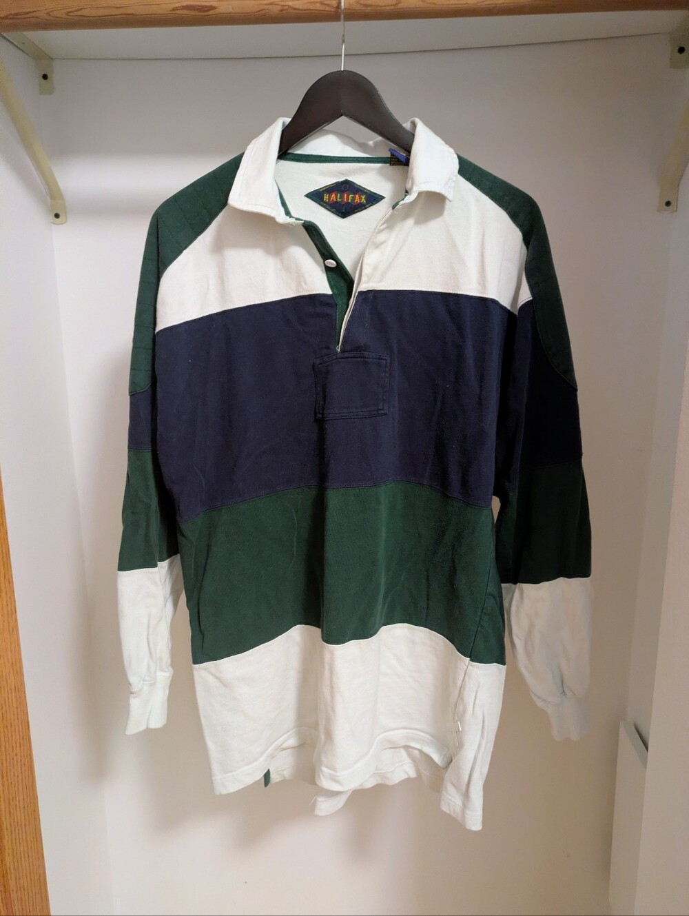 Halifax Men's L Cotton Rugby Polo Shirt Long Sleeve Striped Button Green Blue